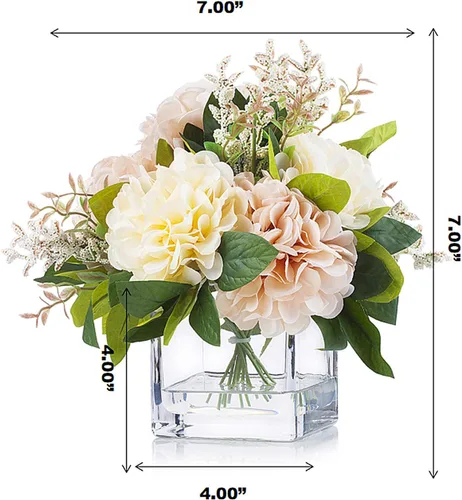 Vista 4 de Arreglos florales de dalia de seda artificial en jarrón de cristal para decoración del hogar y boda (rosa crema)