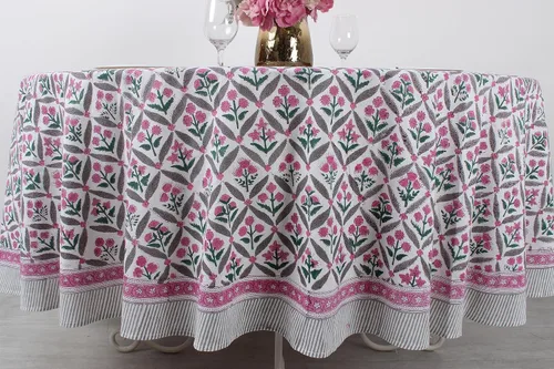 Vista 180 de Ridhi Mantel redondo estampado a mano color rosa flamenco 110 pulgadas 100%