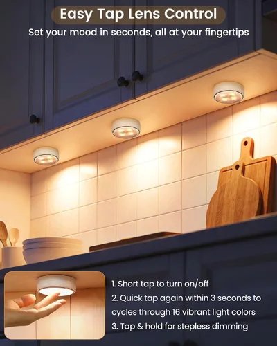 Vista 2 de TECOMLIGHT Luces LED de disco con control remoto, luz inalámbrica para armario, funciona con pilas, luces debajo del gabinete, luz de grifo que