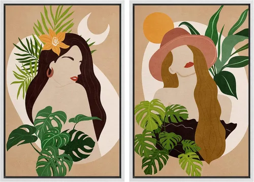 Vista 36 de SIGNFORD Lienzo enmarcado para pared, juego de arte geométrico retro de mediados de siglo, plantas forestales, ilustraciones con formas abstractas