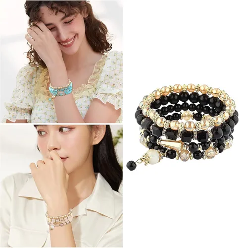Vista 2 de Juego de aretes de joyería para mujer, pulseras apilables con cuentas para mujer, pulseras elásticas multicapa, joyería multicolor
