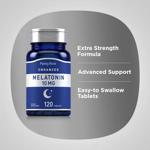 Vista 4 de Piping Rock Melatonina 10mg 120 tabletas con L-teanina Suplemento para dormir para adultos Fórmula extra fuerte Vegetariano, sin OMG, sin