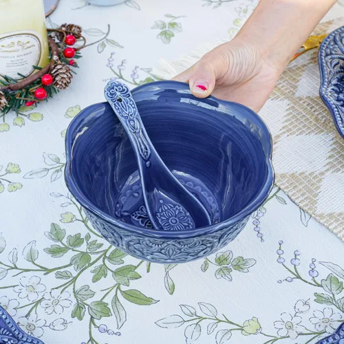 Vista 3 de Sungmor Vajilla de cerámica para cenas finas en relieve, estilo barroco antiguo, cuencos de porcelana con forma de flor de 15,2 cm (591 ml) de 6 4