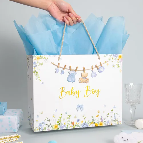 Vista 7 de Crisky Bolsa de regalo grande de 13" para niño con papel de seda, tarjeta de regalo y lazo para decoración de baby shower y cumpleaños de niño