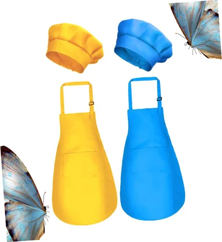 Vista 2 de Luxshiny 2Set Painting Polyester Smock and Chef Hat Ages Apron Yellow for Drawing Painting and Creative Fun