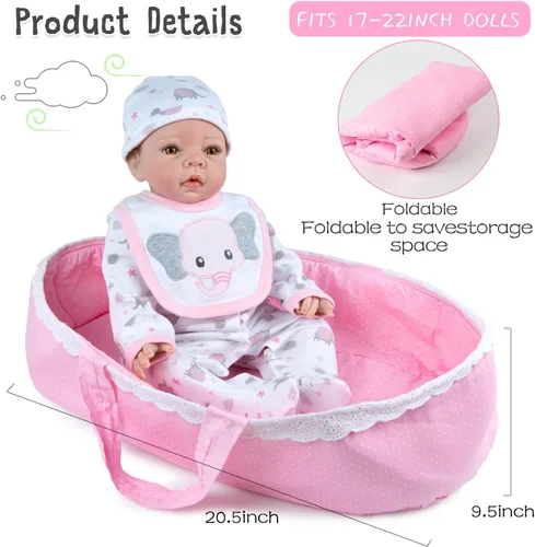 Vista 3 de Ropa de muñeca Reborn con moisés y accesorios de pañales reutilizables, juego de 10 piezas para muñecas de bebé de 17 a 22 pulgadas, muñecas rosadas