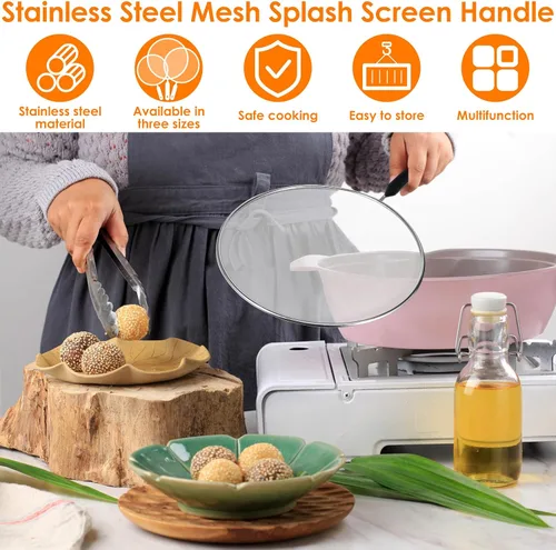 Vista 2 de Protector contra salpicaduras con mango, pantalla de malla de acero inoxidable, a prueba de salpicaduras, protector de salpicaduras de aceite