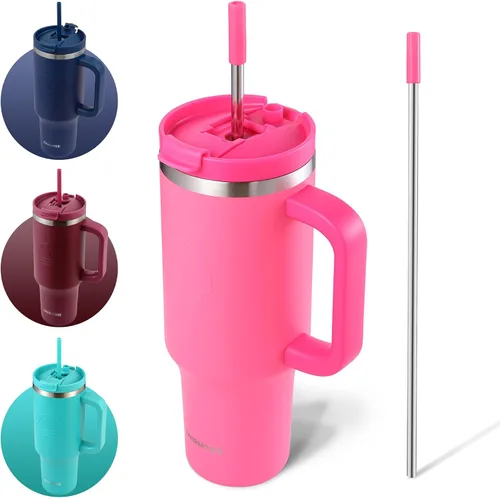 Vista 12 de FAHRMOSIS Vaso de 40 onzas con asa y pajita, taza aislada que cabe en el portavasos para bebidas frías y calientes, vaso a prueba de fugas