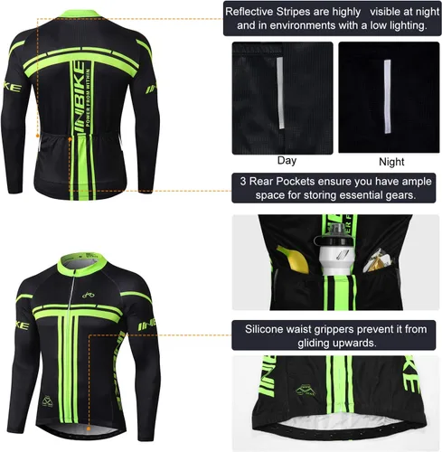 Vista 15 de INBIKE Conjunto de camiseta de ciclismo para hombre, reflectante, transpirable, traje de ciclismo de secado rápido, con pantalones cortos acolchados
