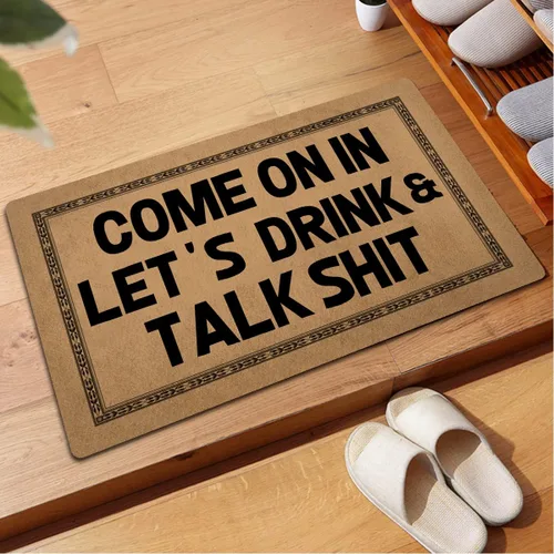 Vista 2 de Divertida alfombra de bienvenida para entrada interior y porche, alfombra de decoración de porche con texto en inglés "Come On In Let's Drink and