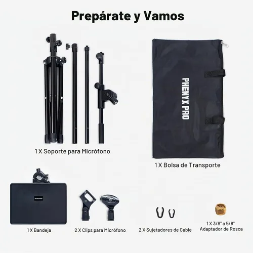 Vista 8 de PHENYX PRO Soporte para micrófono con bandeja grande de 8.7 x 6.3 in, altura de soporte ajustable, clips de micrófono dobles y bolsa de transporte