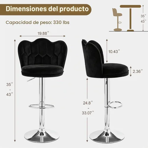 Vista 2 de VECELO Juego de 2 taburetes de bar, taburetes de bar ajustables con respaldo, taburete de altura de mostrador de terciopelo sin brazos, taburete