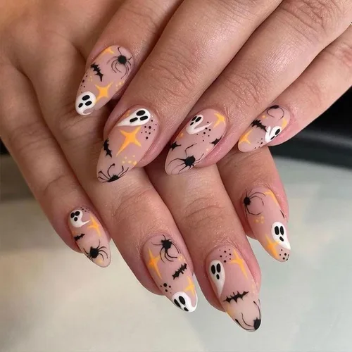 Vista 14 de RIICFDD - Uñas largas a presión con forma de almendra, punta de uñas con lazo grande, color rosa nude, con dijes de lazo negro, uñas postizas