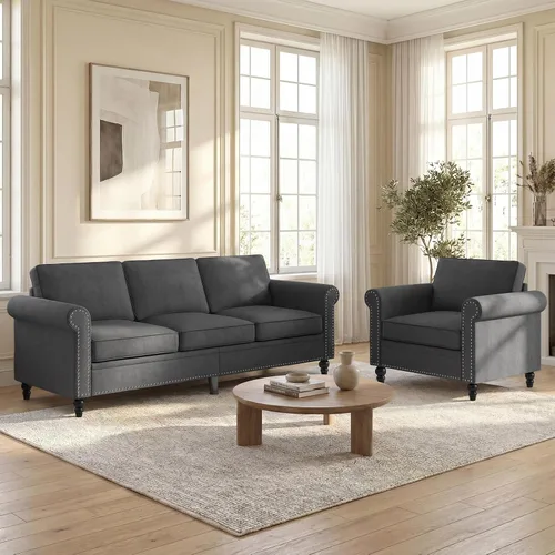 Vista 14 de Mjkone Juego de 2 Piezas para Sala de Estar, Sofás Seccionales, Juego de Sofá y Silla, Sofá Moderno de Lino con Marco de Madera y Patas