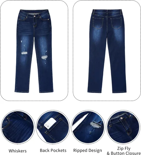 Vista 6 de GRAPENT Jeans para mujer de cintura alta, desgastados, pierna recta, rasgados, elásticos, pantalones de mezclilla occidentales, traje de los años 90