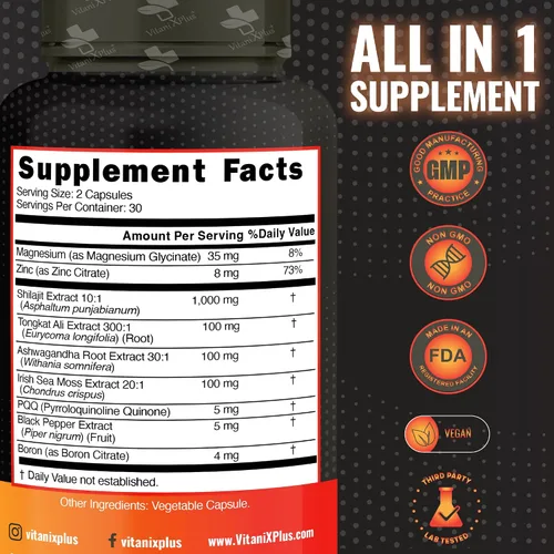Vista 6 de Cápsulas Pure Shilajit – Shilajit orgánico para hombres y mujeres con Tongkat Ali, Ashwagandha, musgo marino irlandés, magnesio, zinc, PQQ, extracto