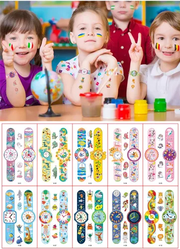 Vista 2 de Reloj de dibujos animados temporales tatuajes para niños, 10 hojas para niños, impermeables, tatuajes temporales con purpurina, seguridad