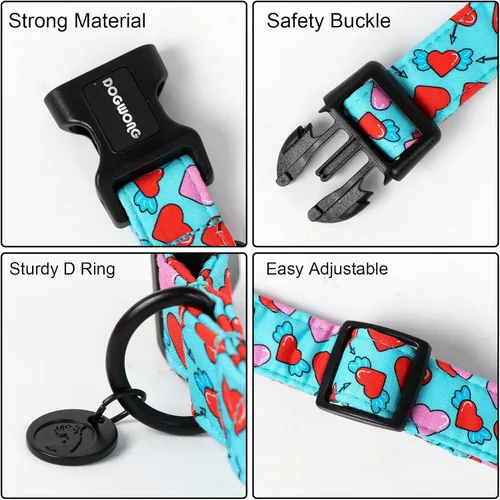 Vista 29 de DOGWONG Collar para perro de San Valentín, collar ajustable de algodón con corazón de caramelo azul, perfecto para perros pequeños a medianos