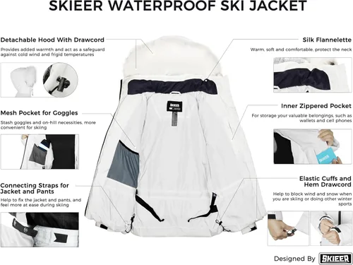 Vista 4 de Skieer Chaqueta de esquí impermeable para mujer, cálida chaqueta acolchada gruesa con capucha para invierno