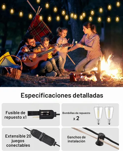 Vista 5 de Tira de luces LED para patio, 50 pies, IP65, impermeable, ST38, conectable, regulable