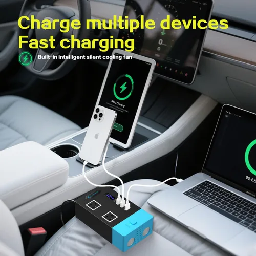 Vista 5 de Inversores de corriente de 300 W, convertidor de 12 V CC a 110 V CA para vehículos, 2 salidas de CA, 1 USB 2.4 A, 1 USB-C de 25 W, 2 adaptadores