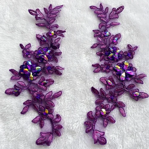 Vista 7 de Parches de tela de encaje fino bordados con diamantes de imitación bordados, decoración de vestido para coser en lentejuelas cuentas, accesorio