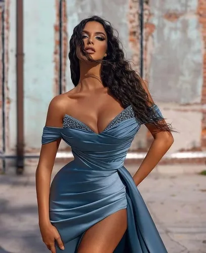 Vista 2 de Vestido de fiesta de sirena con hombros descubiertos, vestido de baile de satén, con cuentas, vestido de noche, boda, dama de honor, abertura formal