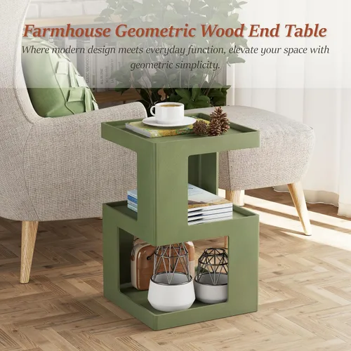Vista 3 de COZAYH Mesa auxiliar de madera geométrica de granja, mesa auxiliar envejecida con dos espacios de almacenamiento, diseño de cubo de 3 capas