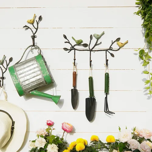 Vista 3 de SOFFEE DESIGN Perchero vintage de pared con 3 ganchos, pájaros de pie en rama de árbol con pintura rústica, resistente soporte para llaves
