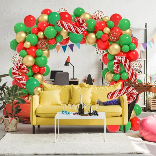 Vista 4 de Kit de arco de guirnalda de globos de Navidad, 116 globos de confeti dorados, rojos y verdes con globo de aluminio de bastón de caramelo