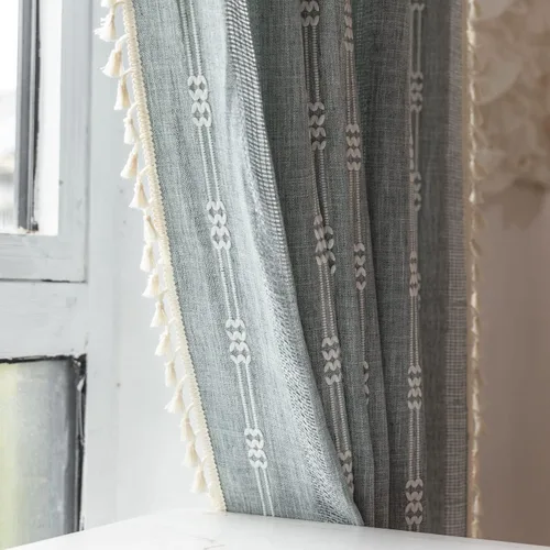 Vista 6 de 2 paneles de cortinas de lino semiopacas para ventana, bohemias y rústicas, con rayas bordadas y bolsillo para cortinero, para sala de estar