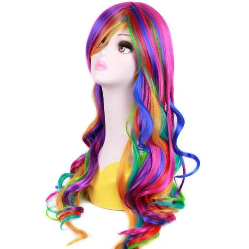 Vista 2 de BERON Peluca larga y rizada con flequillo para mujer, pelucas coloridas, largas, onduladas, multicolor, con red para el cabello