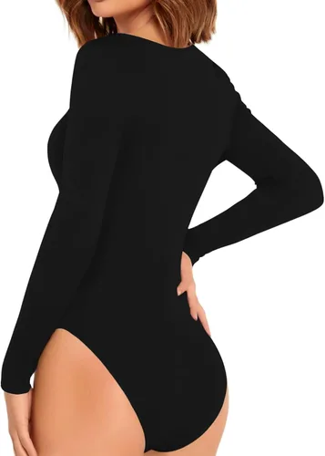 Vista 3 de Allchic Body básico de manga larga con cuello redondo para mujer