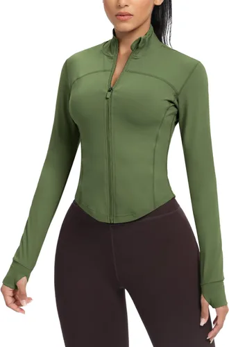 Vista 70 de AVGO Chaquetas de entrenamiento recortadas para mujer, con cremallera, ajustadas, atléticas, con agujeros para el pulgar