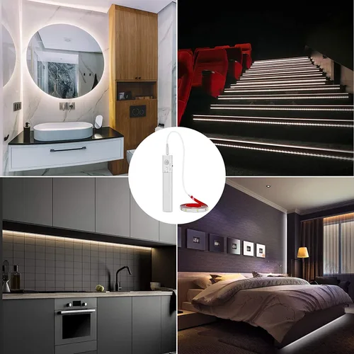 Vista 2 de LUXJET Luces de sensor para interiores, paquete de 2 tiras de luces LED que funcionan con pilas, 3.3 ft, tira LED blanca fría de 6000 K