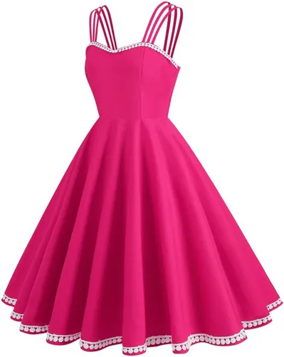 Vista 4 de Vestido de cóctel vintage para mujer, con tirantes delgados, acampanado, casual, para invitadas de boda, graduación, vestido con vuelo