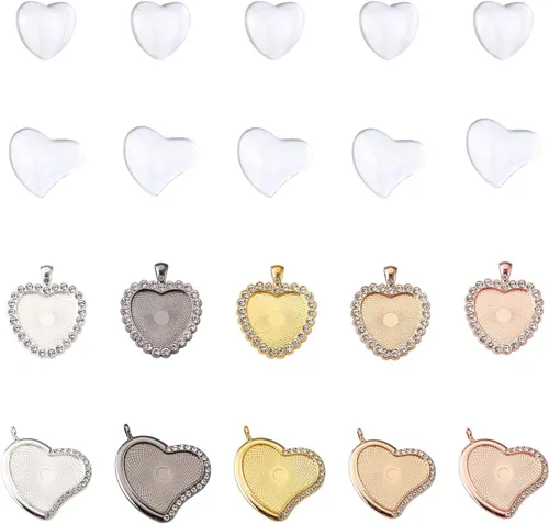 Vista 2 de Craftdady 20 bandejas colgantes de bisel de diamantes de imitación de corazón, base de camafeo, cabujón en blanco con cabujones de vidrio
