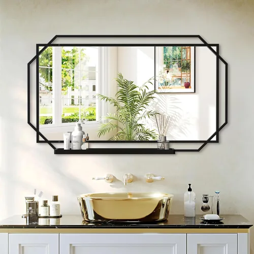 Vista 9 de Espejo de baño con estante, espejo de pared rectangular negro, marco de metal, colgante horizontal o vertical (24 x 20 pulgadas)