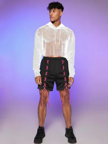 Vista 6 de Floerns Sudadera corta con capucha y cordón para hombre, manga larga, hombros caídos, con cordón