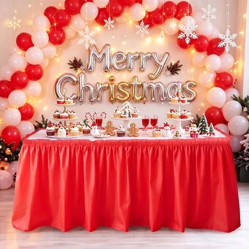 Vista 15 de TURSTIN 2 faldas de mesa de plástico negro de 14 x 29 pies para mesas rectangulares, mantel ajustable, mantel desechable para fiestas de cumpleaños