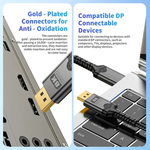 Vista 8 de MaxRenard Cable DisplayPort 8K 1.4, cable DP a DP de 6.6 pies, 8K a 60 Hz 4K a 144 Hz, puerto de pantalla a puerto de visualización de transferencia