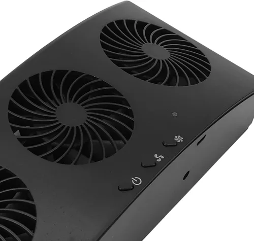 Vista 9 de FOUF Ventilador de coche, 3 ventiladores, 2 niveles, alimentado por energía solar, bajo ruido, buena disipación de calor, alimentado por USB, negro