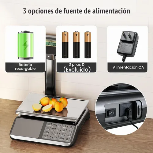 Vista 9 de S AFSTAR Báscula de cálculo de precios con pantalla de poste, báscula comercial de alimentos de 88 lb con plataforma de acero inoxidable, batería