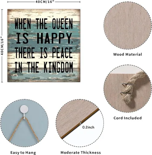 Vista 2 de Placa rústica de madera con texto en inglés "When The Queen Is Happy There Is Peace in The Kingdom