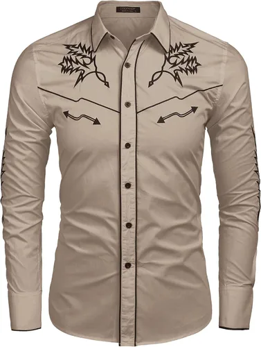 Vista 2 de Coofandy Camisa vaquera occidental bordada de manga larga de algodón casual con botones