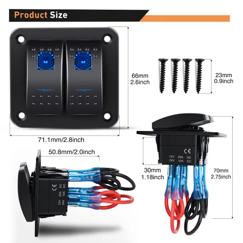Vista 7 de GOOACC Panel de interruptores basculantes de 2 cuadras, 12 V, 24 V CC, color azul, panel de aluminio de 5 pines, encendido y apagado, panel
