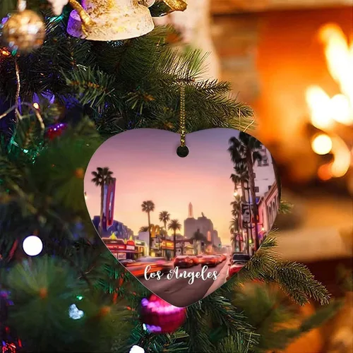 Vista 7 de Escena de la ciudad de Los Ángeles, paisaje urbano, paisaje natural, adorno de corazón, decoración de árbol de Navidad, adorno de Navidad plano
