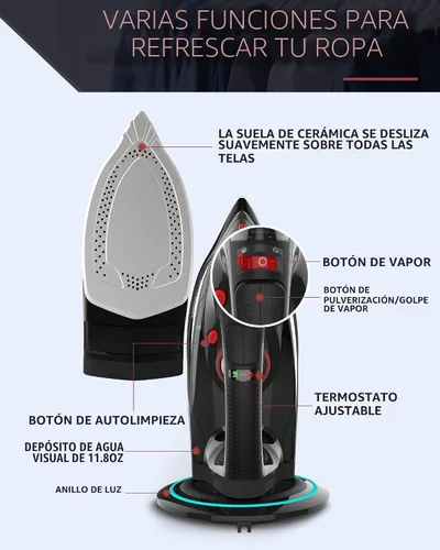Vista 8 de OMAIGA - Plancha inalámbrica para ropa, plancha de vapor de 1500W con calentamiento rápido, suela de cerámica, apagado automático, autolimpieza