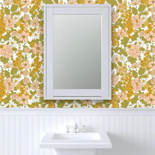 Vista 9 de Papel tapiz autoadhesivo para despegar y pegar, papel tapiz vintage de los años 70 con diseño floral retro bohemio, rosa y verde, papel tapiz