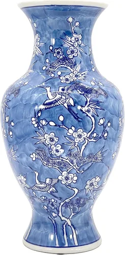 Vista 2 de Galt International Jarrón de Cerámica Floral de Grulla Chinoiserie Blanco y Azul de 14" - Jarrón Antiguo Pintado a Mano de Porcelana Estilo Chino